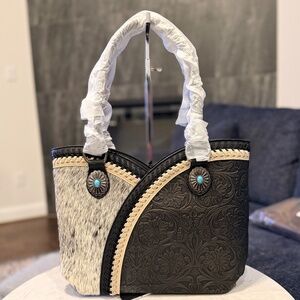 Montana West Tooled & Cowhide Whipstitch Tote Bag Black